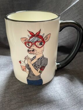 Signature Hipster Cream Ceramic Mug with Retro Cow Graphic - Home Dining